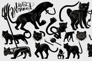 ONE little black panther, designed realistic like the animal, showing full body sitting and holding a shepherd's crook (from the first centuries with a single hook) in between its legs. tattoo idea