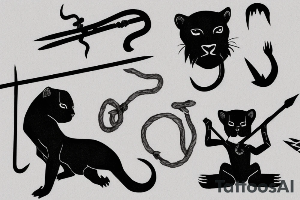 ONE little black panther, designed realistic like the animal, sitting and holding a shepherd's crook (from the first centuries with a single hook) in between its legs. tattoo idea