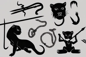 ONE little black panther, designed realistic like the animal, sitting and holding a shepherd's crook (from the first centuries with a single hook) in between its legs. tattoo idea