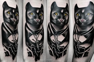 ONE little black panther, designed realistic like the animal, sitting and holding a shepherd's crook (from the first centuries with a single hook) in between its legs. tattoo idea