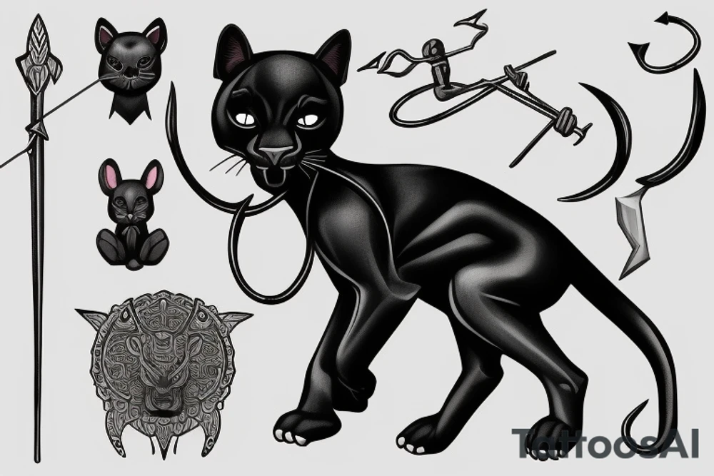 ONE little black panther, designed realistic like the animal, sitting and holding a shepherd's crook (from the first centuries with a single hook) in between its legs. tattoo idea