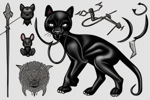 ONE little black panther, designed realistic like the animal, sitting and holding a shepherd's crook (from the first centuries with a single hook) in between its legs. tattoo idea
