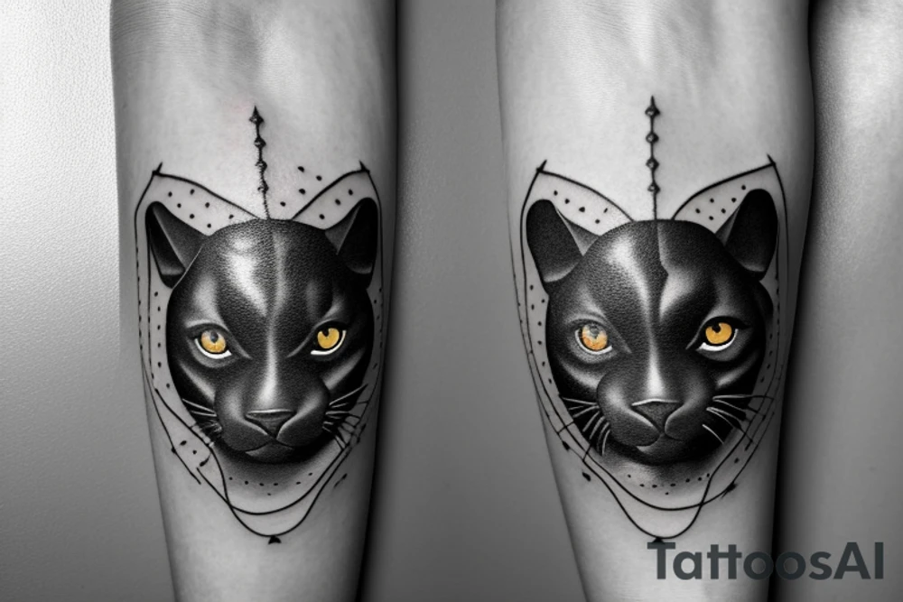 ONE little black panther, designed realistic like the animal, sitting and holding a shepherd's crook (from the first centuries with a single hook) in between its legs. tattoo idea