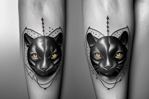 ONE little black panther, designed realistic like the animal, sitting and holding a shepherd's crook (from the first centuries with a single hook) in between its legs. tattoo idea
