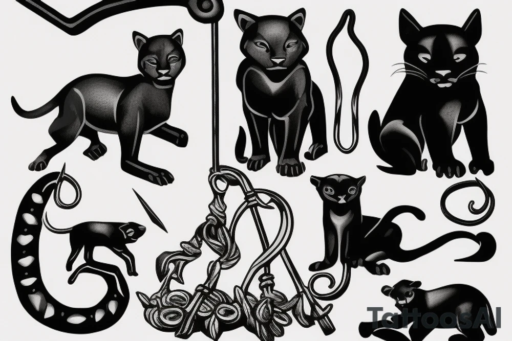ONE little black panther, designed realistic like the animal, sitting and holding a shepherd's crook (from the first centuries with a single hook) in between its legs. tattoo idea