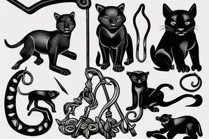 ONE little black panther, designed realistic like the animal, sitting and holding a shepherd's crook (from the first centuries with a single hook) in between its legs. tattoo idea