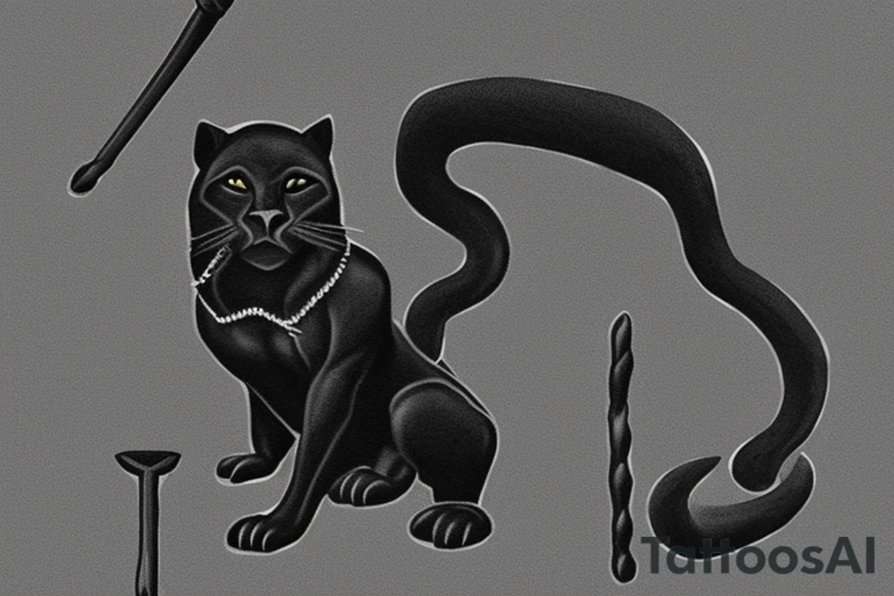 ONE little black panther, designed realistic like the animal, sitting and holding a shepherd's crook (from the first centuries with a single hook) in between its legs. tattoo idea