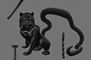 ONE little black panther, designed realistic like the animal, sitting and holding a shepherd's crook (from the first centuries with a single hook) in between its legs. tattoo idea