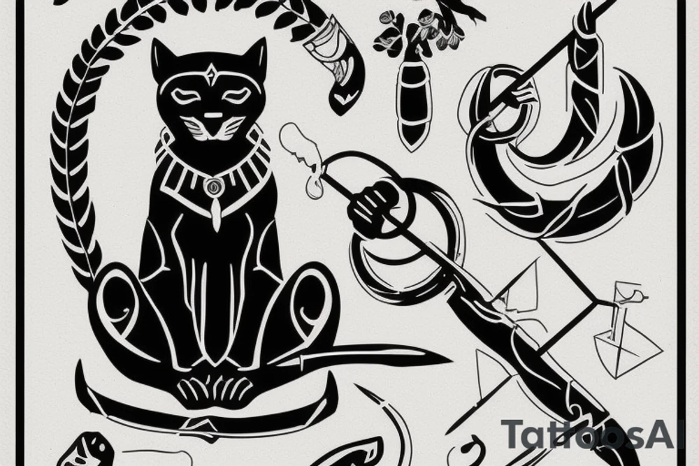 ONE little black panther, designed realistic like the animal, sitting and holding a shepherd's crook (from the first centuries with a single hook) in between its legs. tattoo idea