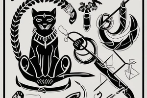 ONE little black panther, designed realistic like the animal, sitting and holding a shepherd's crook (from the first centuries with a single hook) in between its legs. tattoo idea