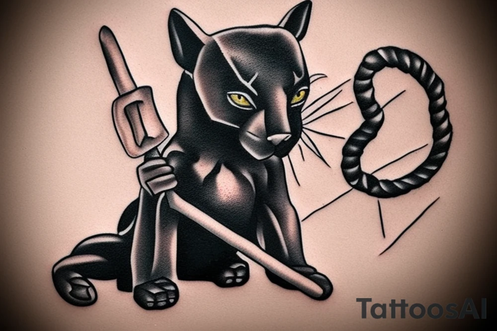 ONE little black panther, designed realistic like the animal, sitting and holding a shepherd's crook (from the first centuries with a single hook) in between its legs. tattoo idea