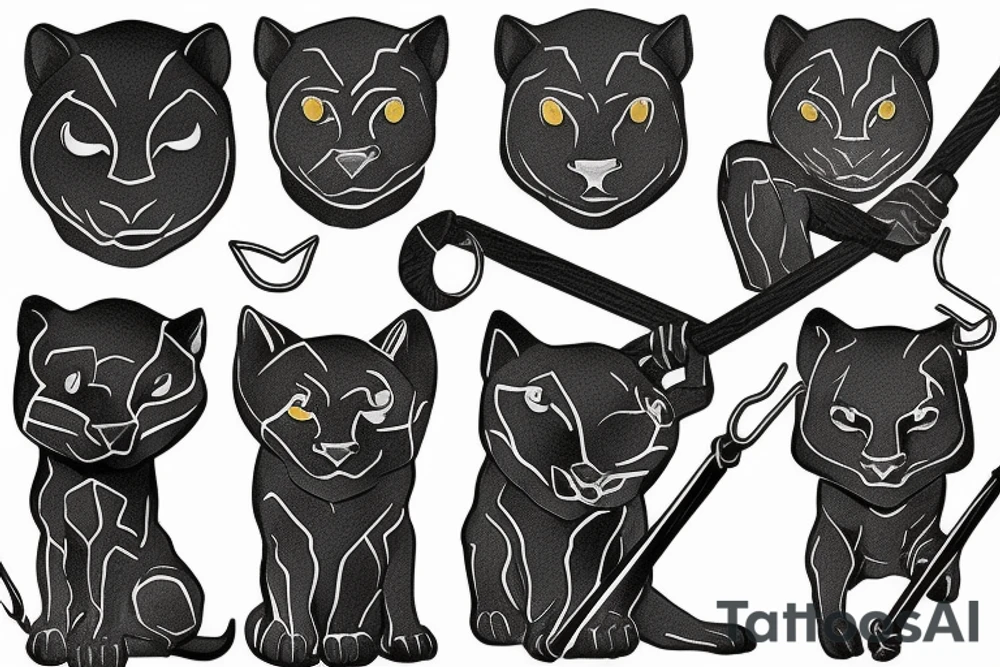 ONE little black panther, designed realistic like the animal, sitting and holding a shepherd's crook (from the first centuries with a single hook) in between its legs. tattoo idea