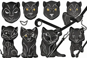 ONE little black panther, designed realistic like the animal, sitting and holding a shepherd's crook (from the first centuries with a single hook) in between its legs. tattoo idea