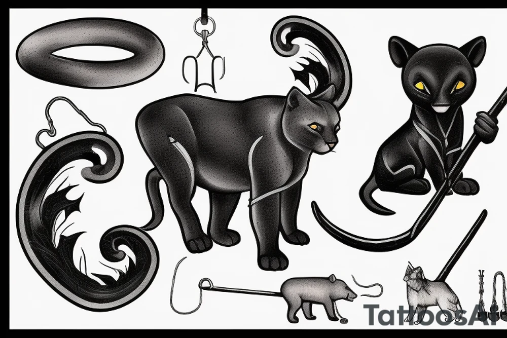 ONE little black panther, designed realistic like the animal, sitting and holding a shepherd's crook (from the first centuries with a single hook) in between its legs. tattoo idea