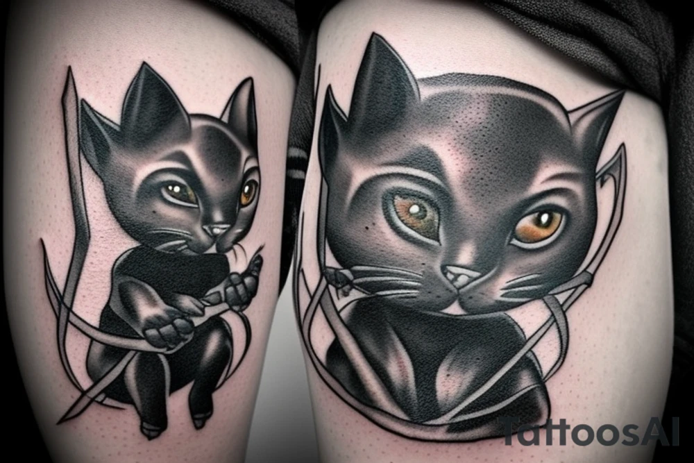 ONE little black panther, designed realistic like the animal, sitting and holding a shepherd's crook (from the first centuries with a single hook) in between its legs. tattoo idea