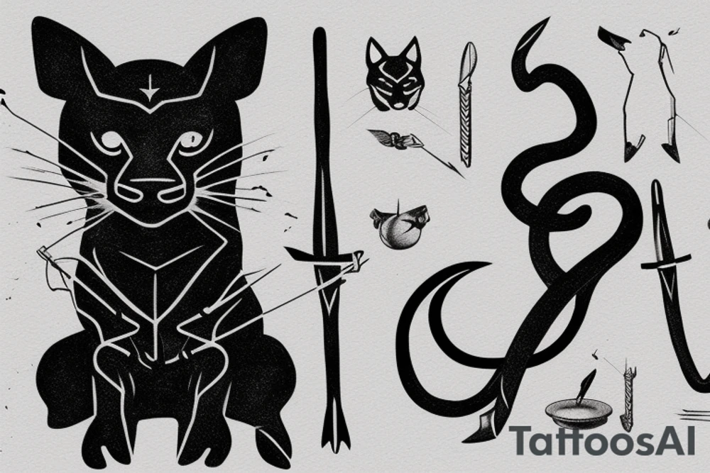 ONE little black panther, designed realistic like the animal, sitting and holding a shepherd's crook (from the first centuries with a single hook) in between its legs. tattoo idea