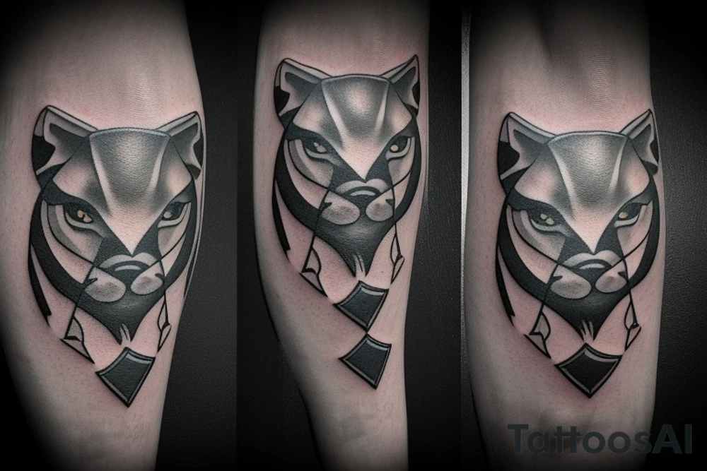 ONE little black panther, designed realistic like the animal, sitting and holding a shepherd's crook (from the first centuries with a single hook) in between its legs. tattoo idea