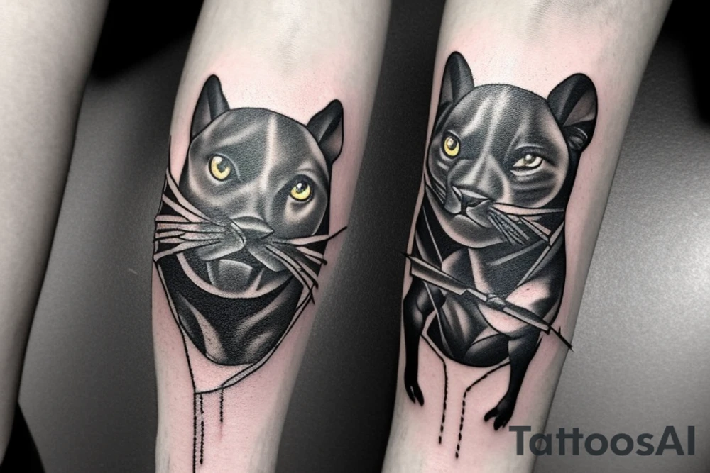 ONE little black panther, designed realistic like the animal, sitting and holding a shepherd's crook (from the first centuries with a single hook) in between its legs. tattoo idea