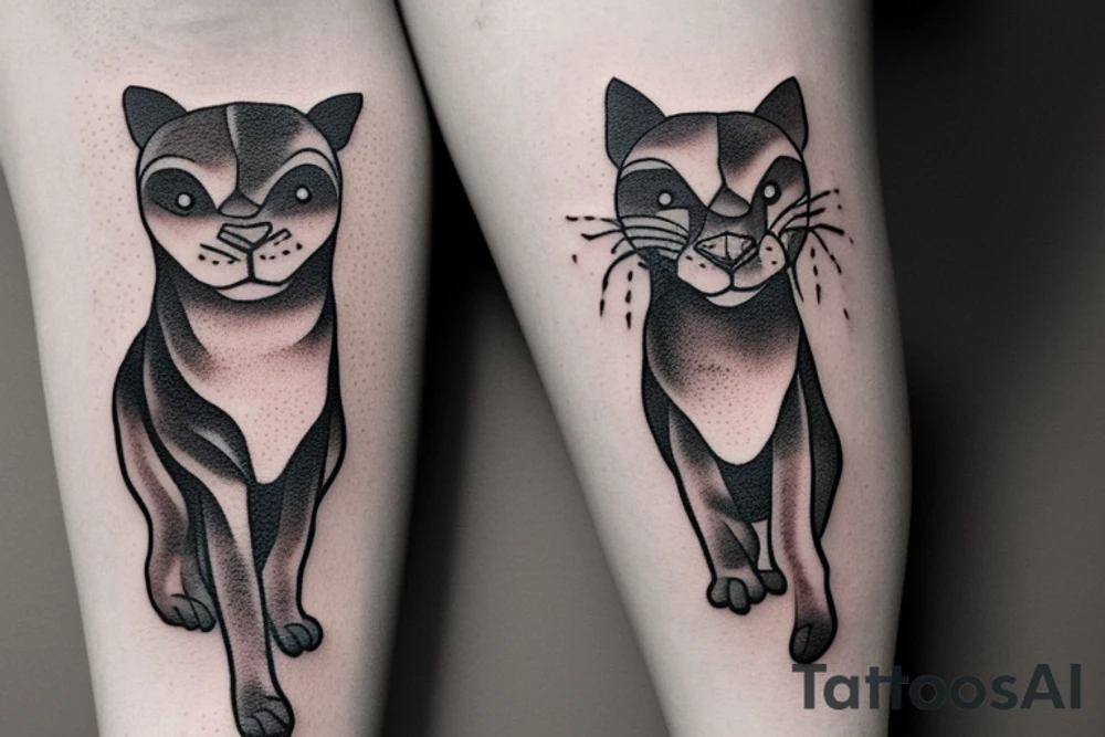 ONE little black panther, designed realistic like the animal, sitting and holding a shepherd's crook (from the first centuries with a single hook) in between its legs. tattoo idea