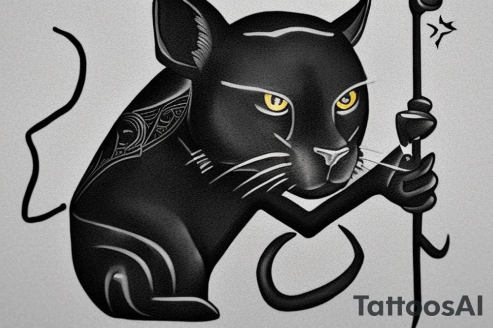 ONE little black panther, designed realistic like the animal, sitting and holding a shepherd's crook (from the first centuries with a single hook) in between its legs. tattoo idea