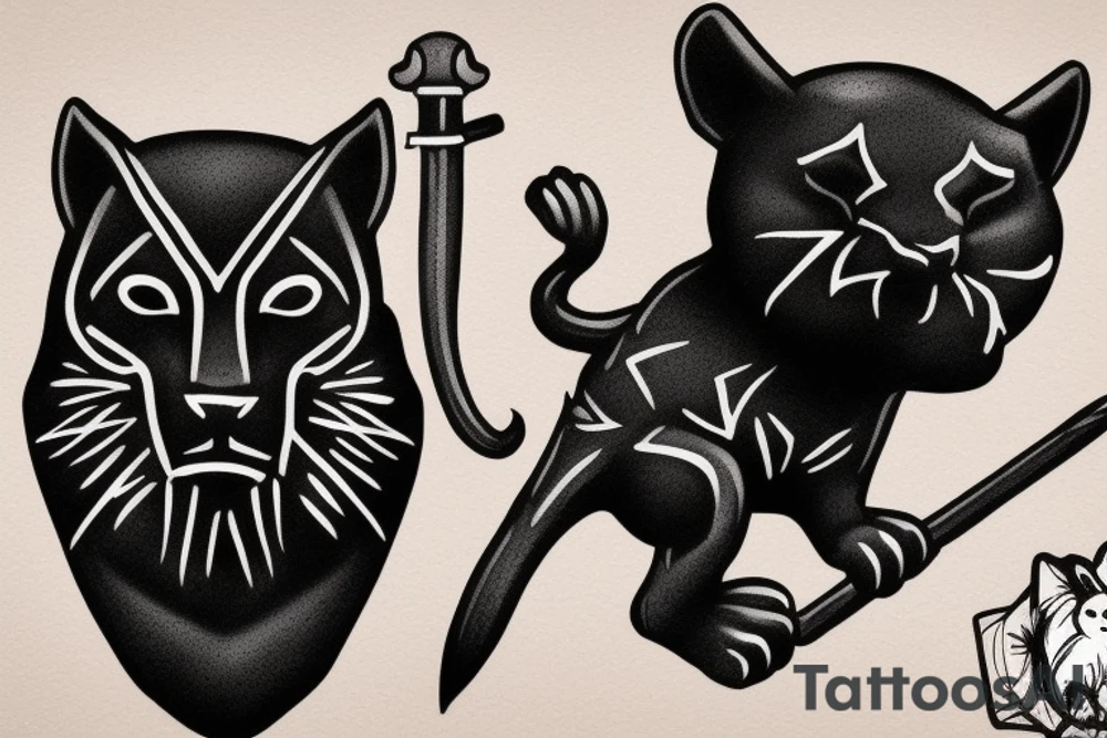 ONE little black panther, designed realistic like the animal, sitting and holding a shepherd's crook (from the first centuries with a single hook) in between its legs. tattoo idea