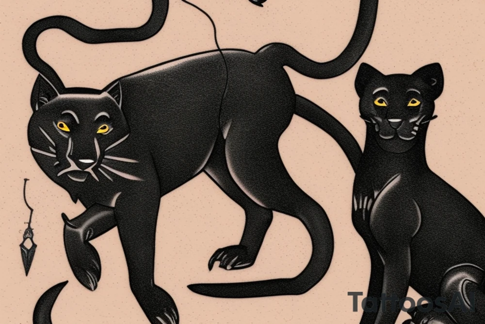 ONE little black panther, designed realistic like the animal, sitting and holding a shepherd's crook (from the first centuries with a single hook) in between its legs. tattoo idea