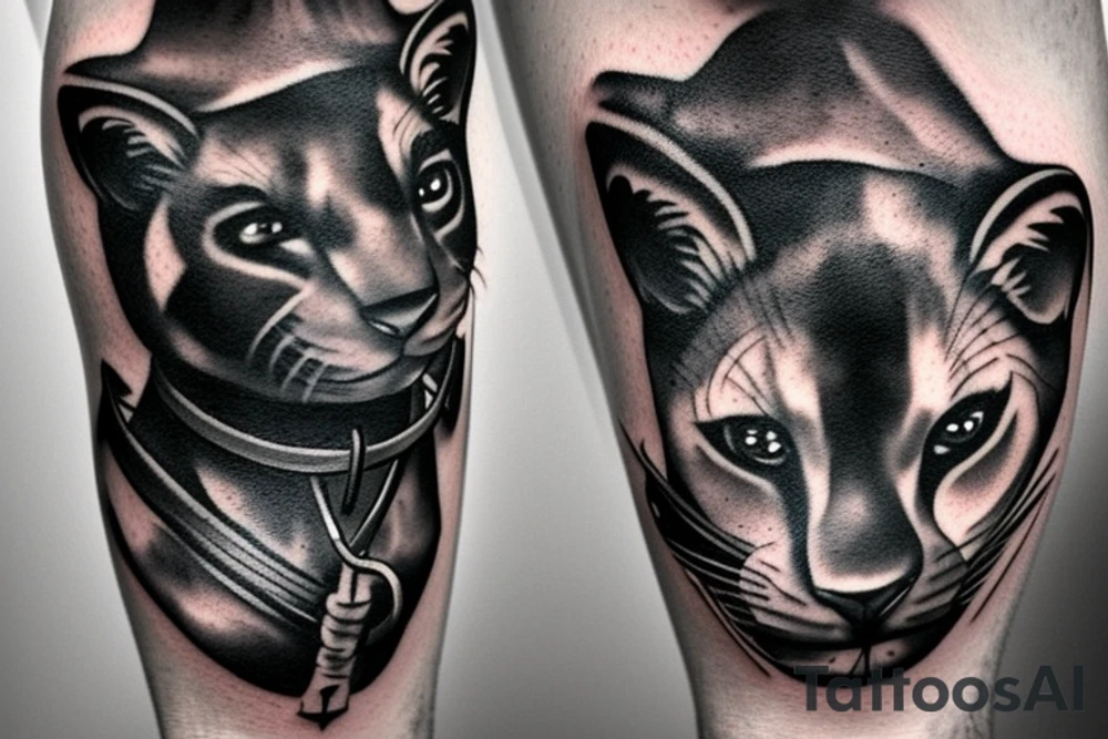 ONE little black panther, designed realistic like the animal, sitting and holding a shepherd's crook (from the first centuries with a single hook) in between its legs. tattoo idea
