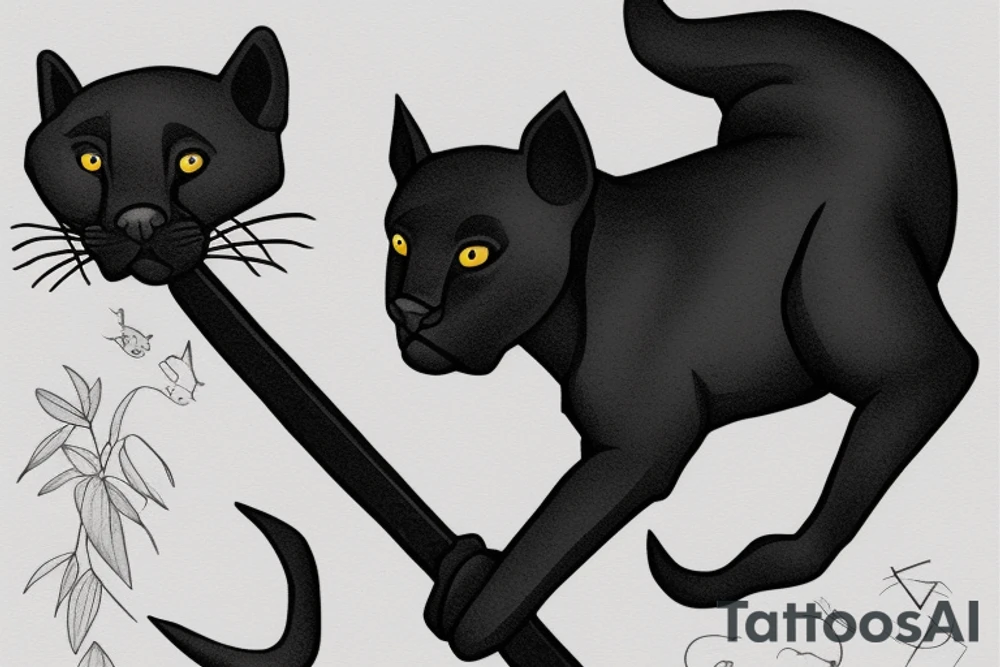 ONE little black panther, designed realistic like the animal, sitting and holding a shepherd's crook (from the first centuries with a single hook) in between its legs. tattoo idea