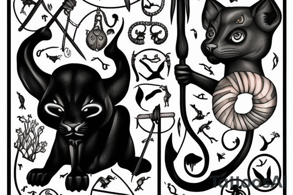 ONE little black panther, designed realistic like the animal, sitting and holding a shepherd's crook (from the first centuries with a single hook) in between its legs. tattoo idea