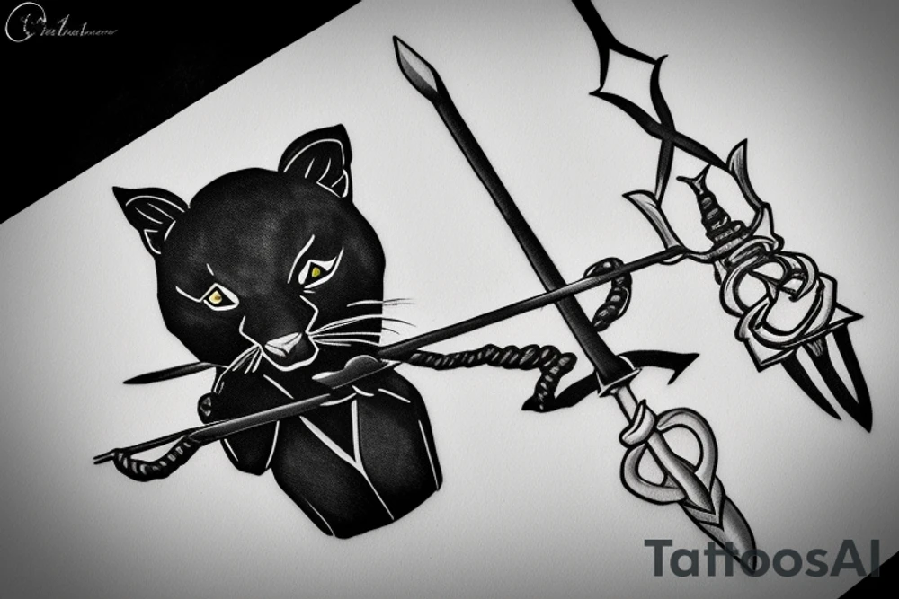 ONE little black panther, designed realistic like the animal, sitting and holding a shepherd's crook (from the first centuries with a single hook) in between its legs. tattoo idea