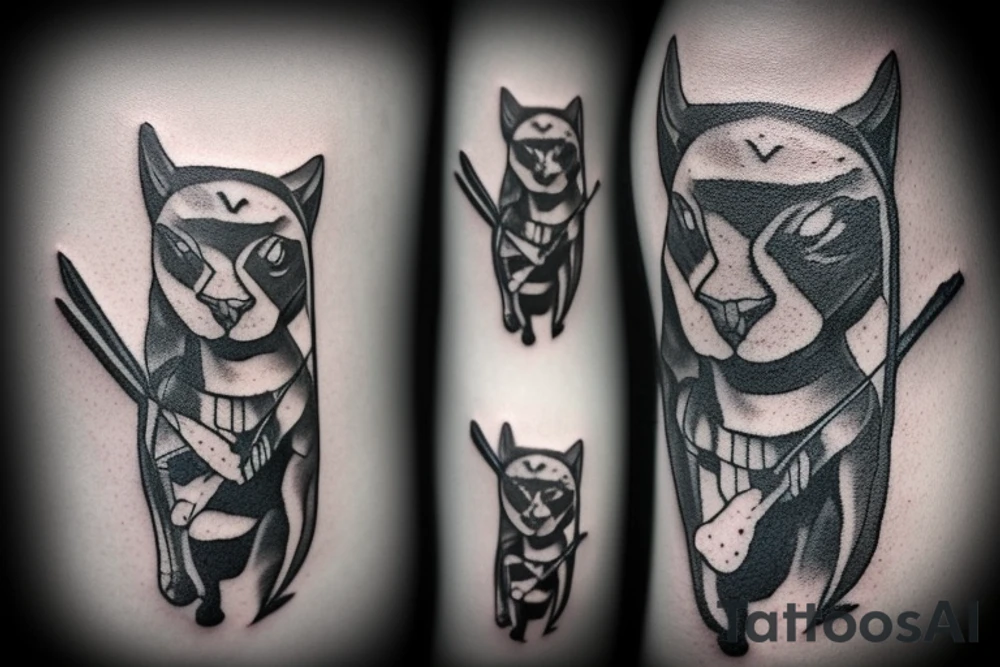 ONE little black panther, designed realistic like the animal, sitting and holding a shepherd's crook (from the first centuries with a single hook) in between its legs. tattoo idea