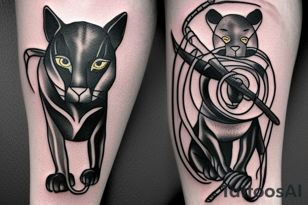 ONE little black panther, designed realistic like the animal, sitting and holding a shepherd's crook (from the first centuries with a single hook) in between its legs. tattoo idea