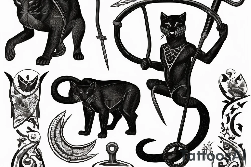 ONE little black panther, designed realistic like the animal, sitting and holding a shepherd's crook (from the first centuries with a single hook) in between its legs. tattoo idea