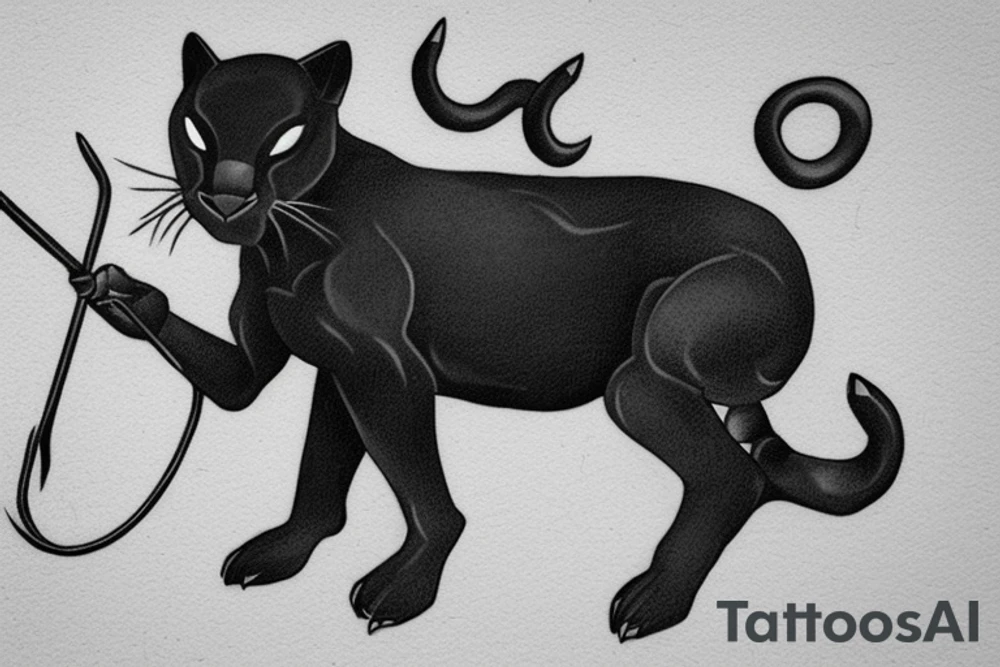 ONE little black panther, designed realistic like the animal, sitting and holding a shepherd's crook (from the first centuries with a single hook) in between its legs. tattoo idea