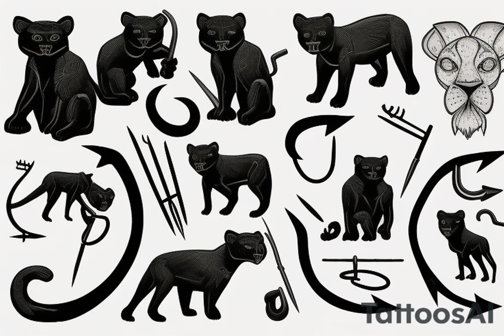 ONE little black panther, designed realistic like the animal, sitting and holding a shepherd's crook (from the first centuries with a single hook) in between its legs. tattoo idea