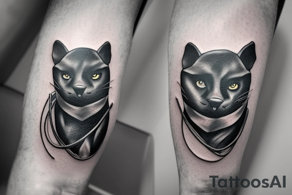 ONE little black panther, designed realistic like the animal, sitting and holding a shepherd's crook (from the first centuries with a single hook) in between its legs. tattoo idea