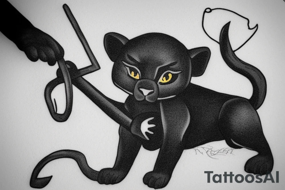 ONE little black panther, designed realistic like the animal, sitting and holding a shepherd's crook (from the first centuries with a single hook) in between its legs. tattoo idea