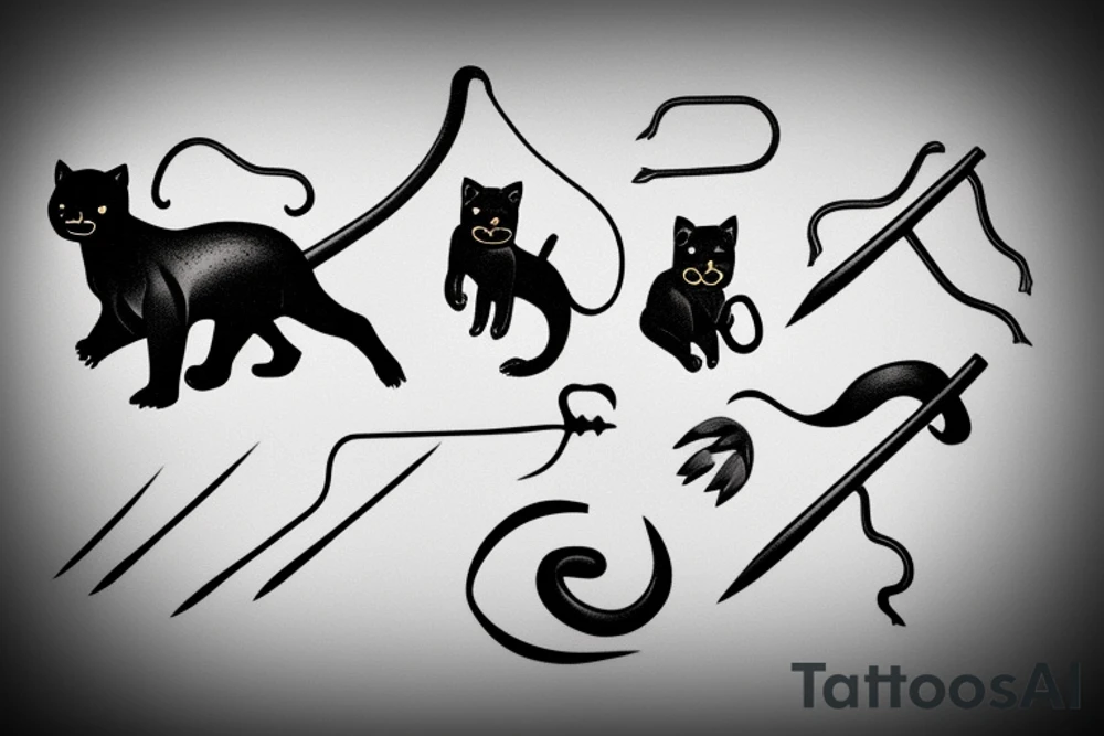 ONE little black panther, designed realistic like the animal, sitting and holding a shepherd's crook (from the first centuries with a single hook) in between its legs. tattoo idea