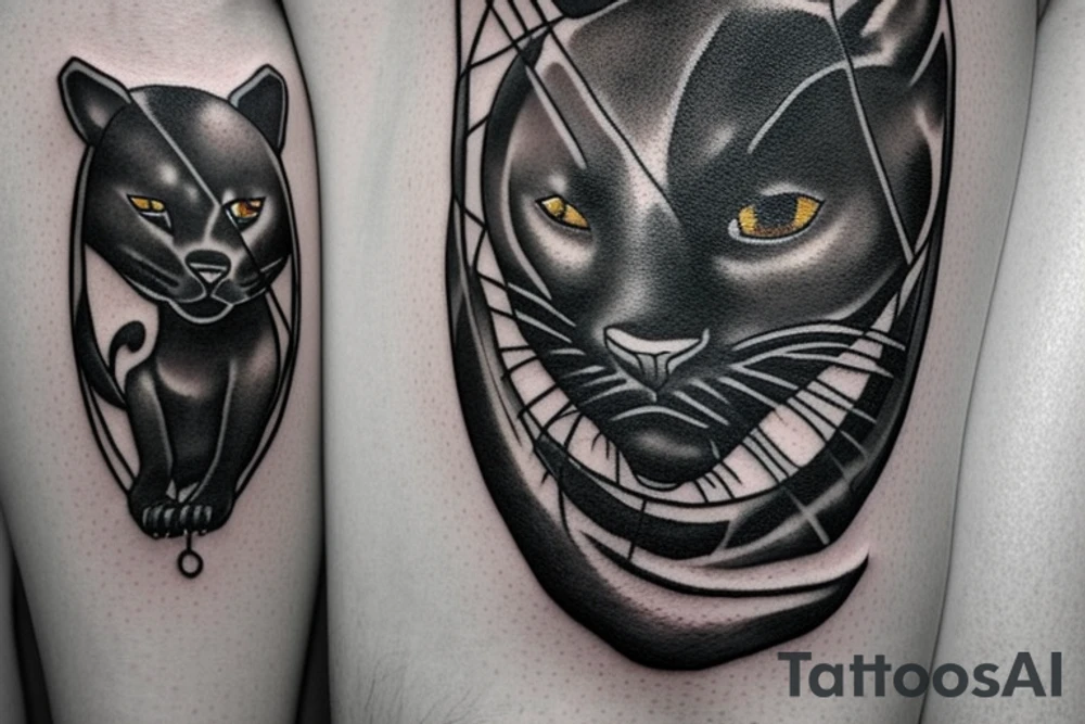 ONE little black panther, designed realistic like the animal, sitting and holding a shepherd's crook (from the first centuries with a single hook) in between its legs. tattoo idea