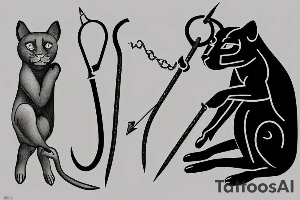 ONE little black panther, designed realistic like the animal, sitting and holding a shepherd's crook (from the first centuries with a single hook) in between its legs. tattoo idea