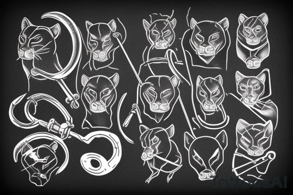 ONE little black panther, designed realistic like the animal, sitting and holding a shepherd's crook (from the first centuries with a single hook) in between its legs. tattoo idea