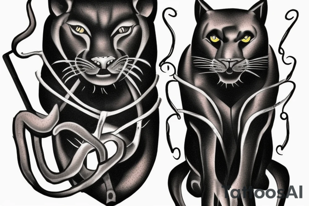 ONE little black panther, designed realistic like the animal, sitting and holding a shepherd's crook (from the first centuries with a single hook) in between its legs. tattoo idea