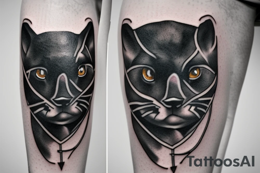 ONE little black panther, designed realistic like the animal, sitting and holding a shepherd's crook (from the first centuries with a single hook) in between its legs. tattoo idea