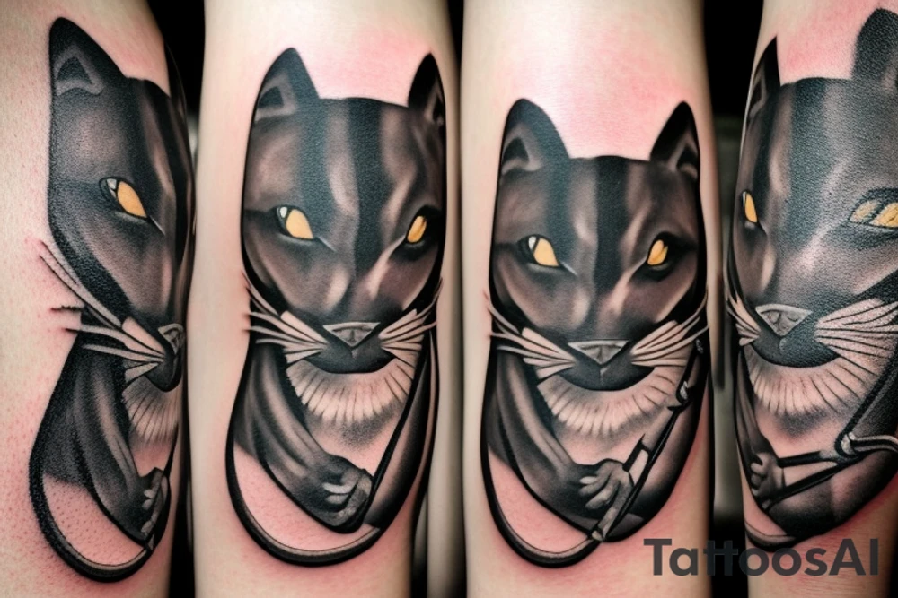 ONE little black panther, designed realistic like the animal, sitting and holding a shepherd's crook (from the first centuries with a single hook) in between its legs. tattoo idea