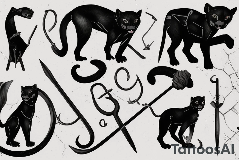 ONE little black panther, designed realistic like the animal, sitting and holding a shepherd's crook (from the first centuries with a single hook) in between its legs. tattoo idea