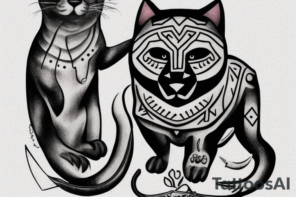 ONE little black panther, designed realistic like the animal, sitting and holding a shepherd's crook (from the first centuries with a single hook) in between its legs. tattoo idea