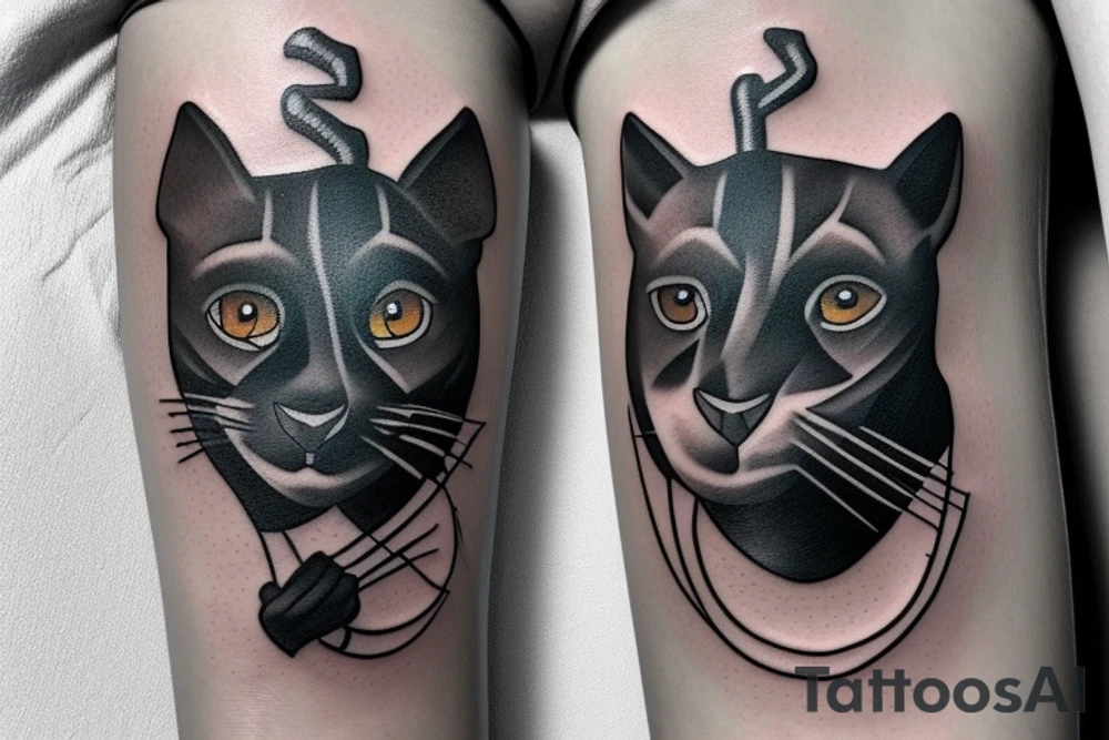 ONE little black panther, designed realistic like the animal, sitting and holding a shepherd's crook (from the first centuries with a single hook) in between its legs. tattoo idea