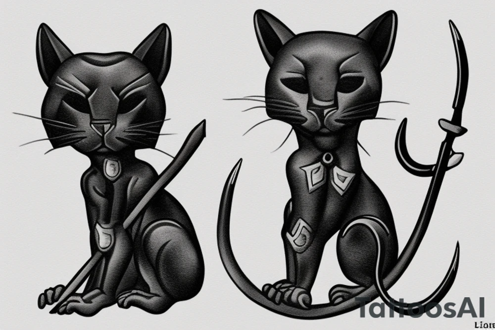 ONE little black panther, designed realistic like the animal, sitting and holding a shepherd's crook (from the first centuries with a single hook) in between its legs. tattoo idea