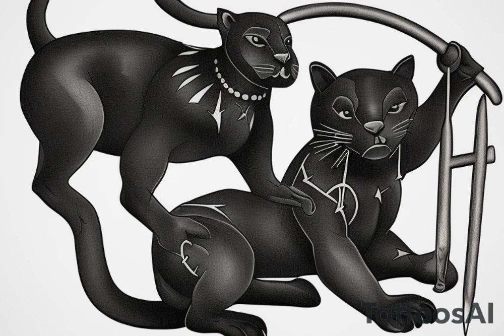 ONE little black panther, designed realistic like the animal, sitting and holding a shepherd's crook (from the first centuries with a single hook) in between its legs. tattoo idea