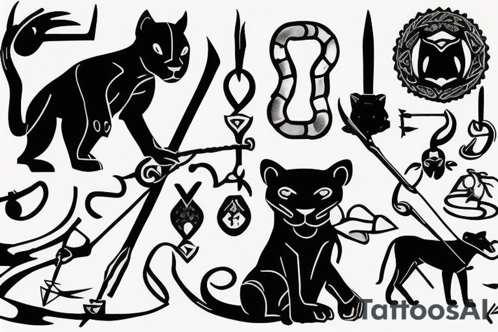 ONE little black panther, designed realistic like the animal, sitting and holding a shepherd's crook (from the first centuries with a single hook) in between its legs. tattoo idea